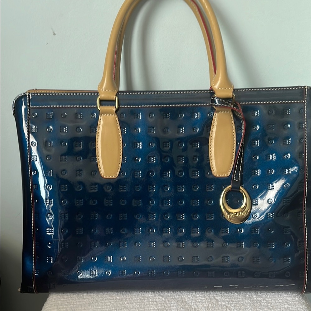 Arcadia Blue and Tan Monogram Tote with Patent Finish